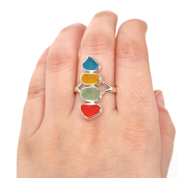 Turquoise and Flame Sea Glass 4 Stone Rainbow Ring - Size 9 on model for color reference. 