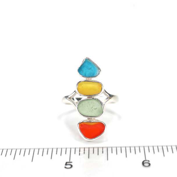 Turquoise and Flame Sea Glass 4 Stone Rainbow Ring - Size 9 on ruler for size reference. 