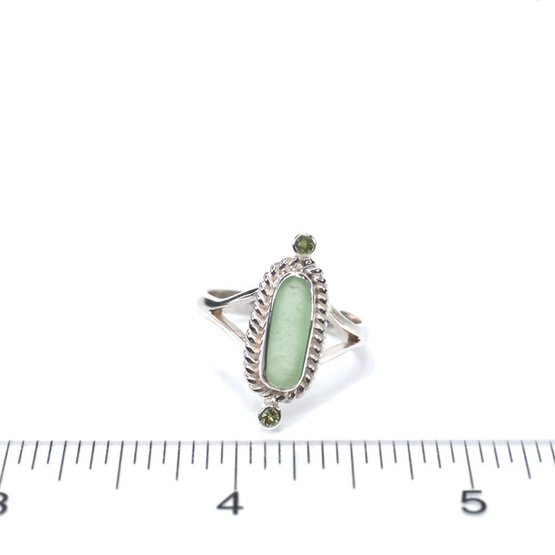 Seafoam Sea Glass and Peridot Rope Ring - Size 9 on ruler for size reference.
