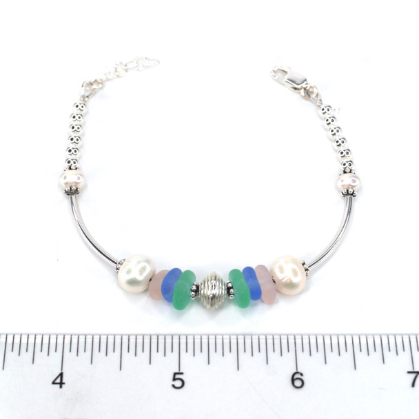 Pastel and Seafoam Bright Sea Glass and Pearl Beaded Bracelet on ruler for size reference.