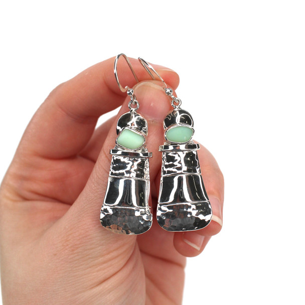 Seafoam UV Milk Glass Lighthouse Earrings held