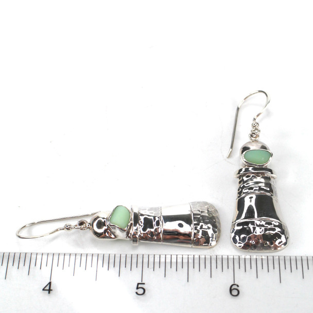 Seafoam UV Milk Glass Lighthouse Earrings on ruler