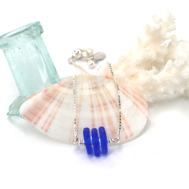 Cobalt 3 Stone Adjustable Sea Glass Bracelet