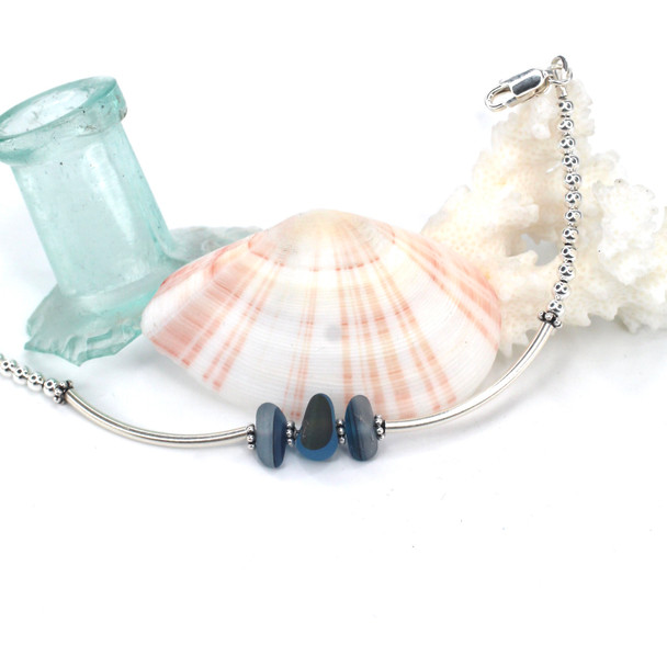 Blue Spotted Three Stone Ultra Rare Sea Glass Bracelet