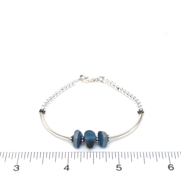 Blue Spotted Three Stone Ultra Rare Sea Glass Bracelet on ruler for size reference.