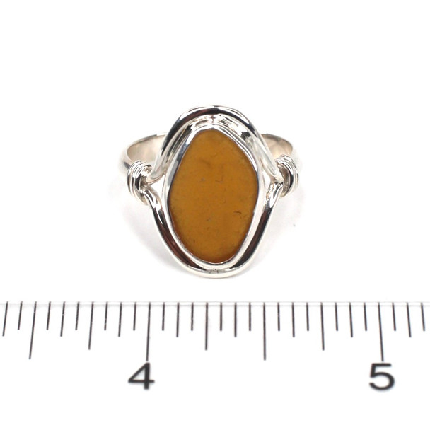 Amber Sea Glass Nautical Twist Ring - Size 9 on ruler for size reference. 