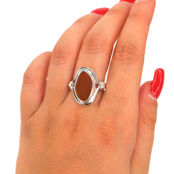 Amber Sea Glass Nautical Twist Ring - Size 9 on model for color reference. 