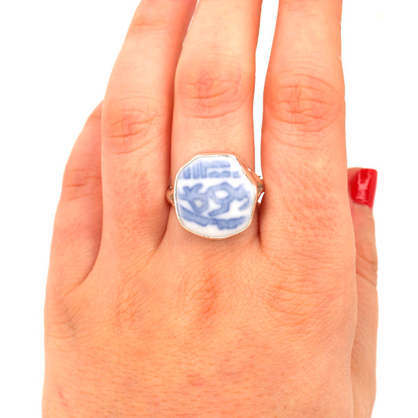 Blue and White Sea Pottery Hieroglyphic Split Band Ring - Size 10 on model for color reference. 