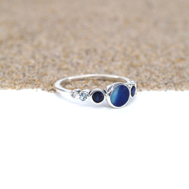 Cobalt Splash Ultra Rare Sea Glass and Gemstone Sterling Silver Moon Phase Ring side view