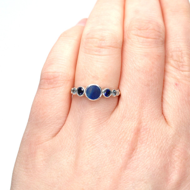 Cobalt Splash Ultra Rare Sea Glass and Gemstone Sterling Silver Moon Phase Ring on model for color reference. 