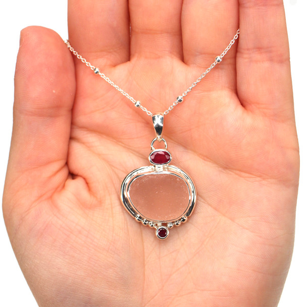 Pink Sea Glass and Ruby Ocean Empress Necklace on model for color reference.
