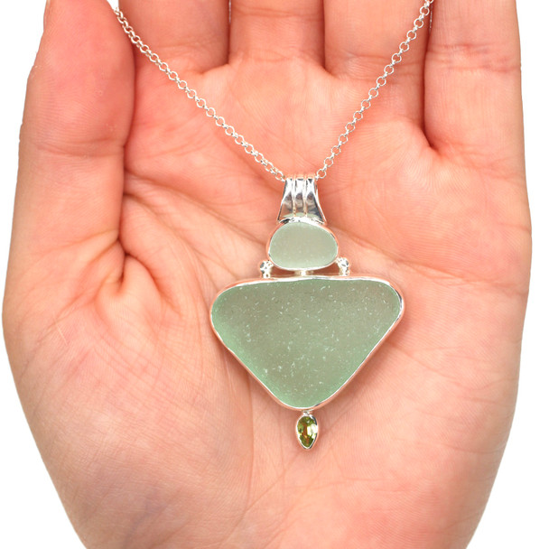 Seafoam Sea Glass and Peridot Etched Bail Necklace on model for color reference.