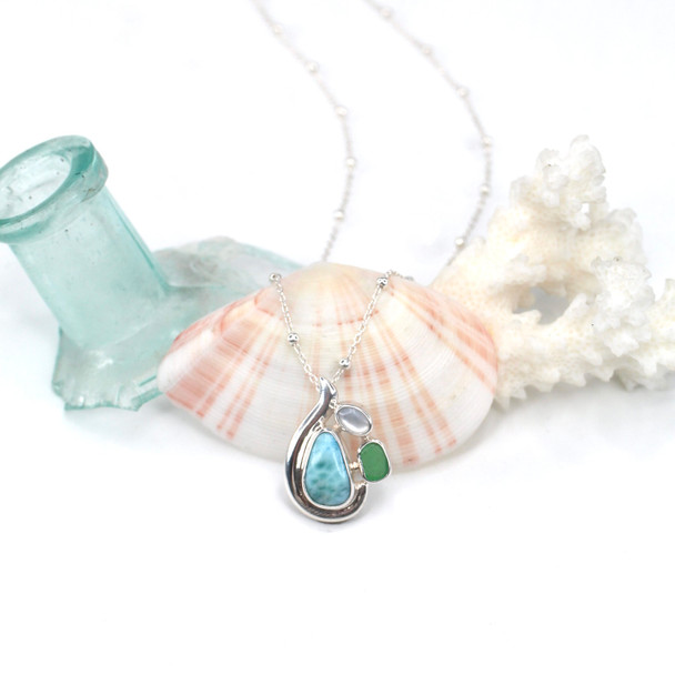 Green Sea Glass Larimar and Pearl Wisp Pendant