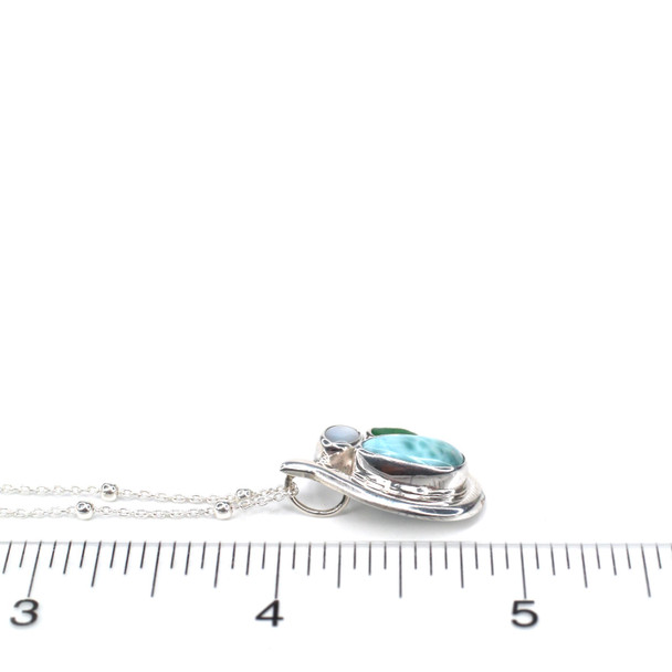 Green Sea Glass Larimar and Pearl Wisp Pendant on ruler for size reference.