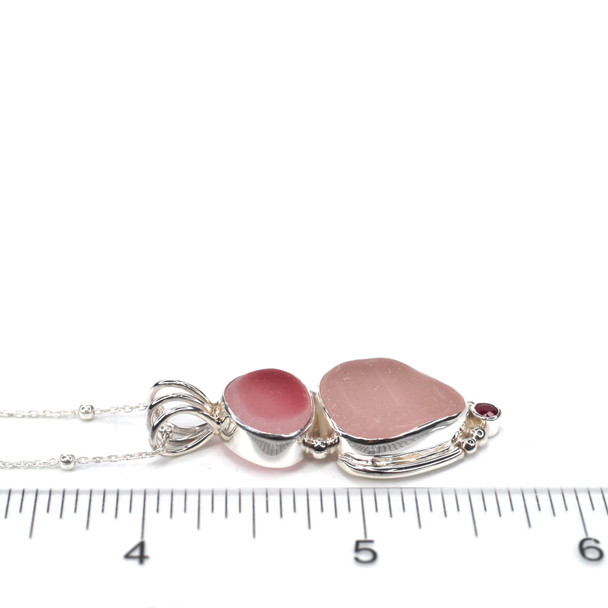 Pink Sea Glass and Ruby Three Piece Bail Necklace on ruler for size reference.
