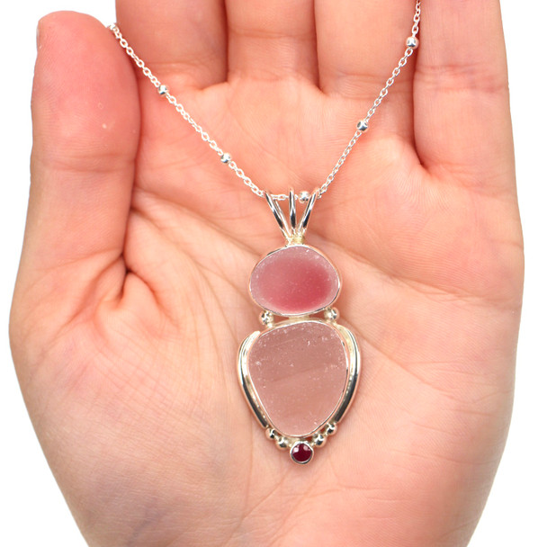 Pink Sea Glass and Ruby Three Piece Bail Necklace on model for color reference.