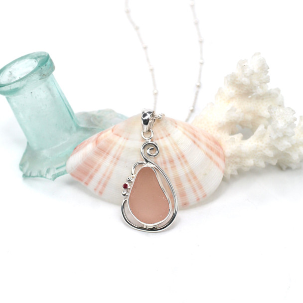 Pink Sea Glass and Ruby Ocean Swirl Beaded Necklace