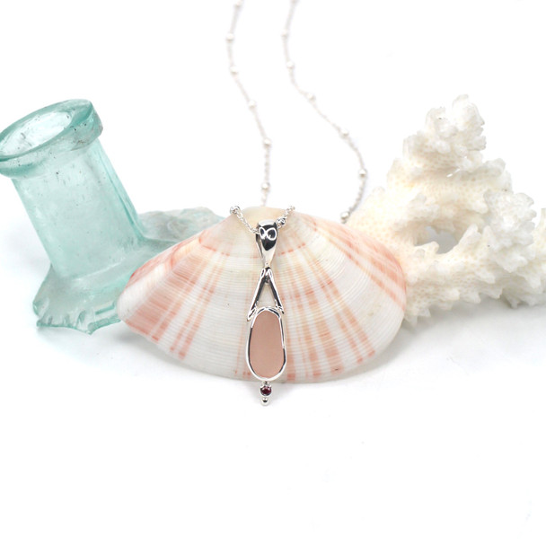 Pink Sea Glass and Ruby Lunar Drop Necklace