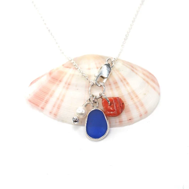 Cobalt Rounded Sea Glass and Shell Drop Charm Anklet 9"
