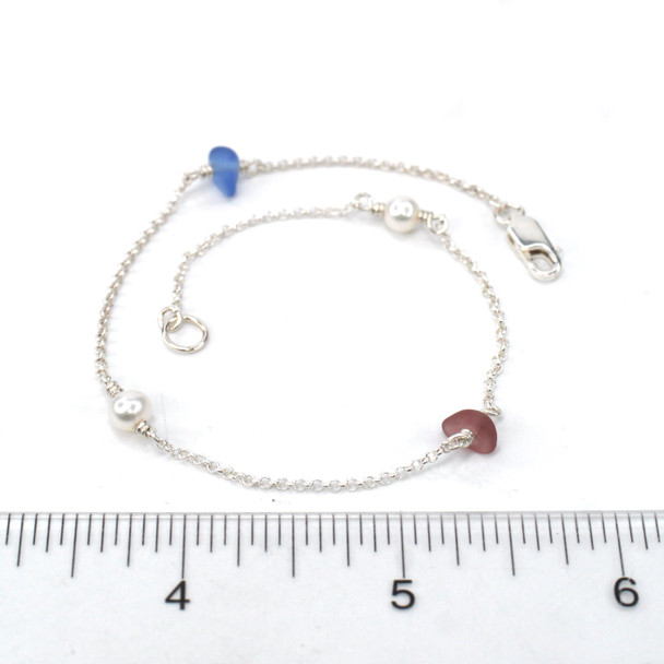 Lavender Berry Blues Sea Glass and Pearl 4 Stone Anklet on ruler for size reference.