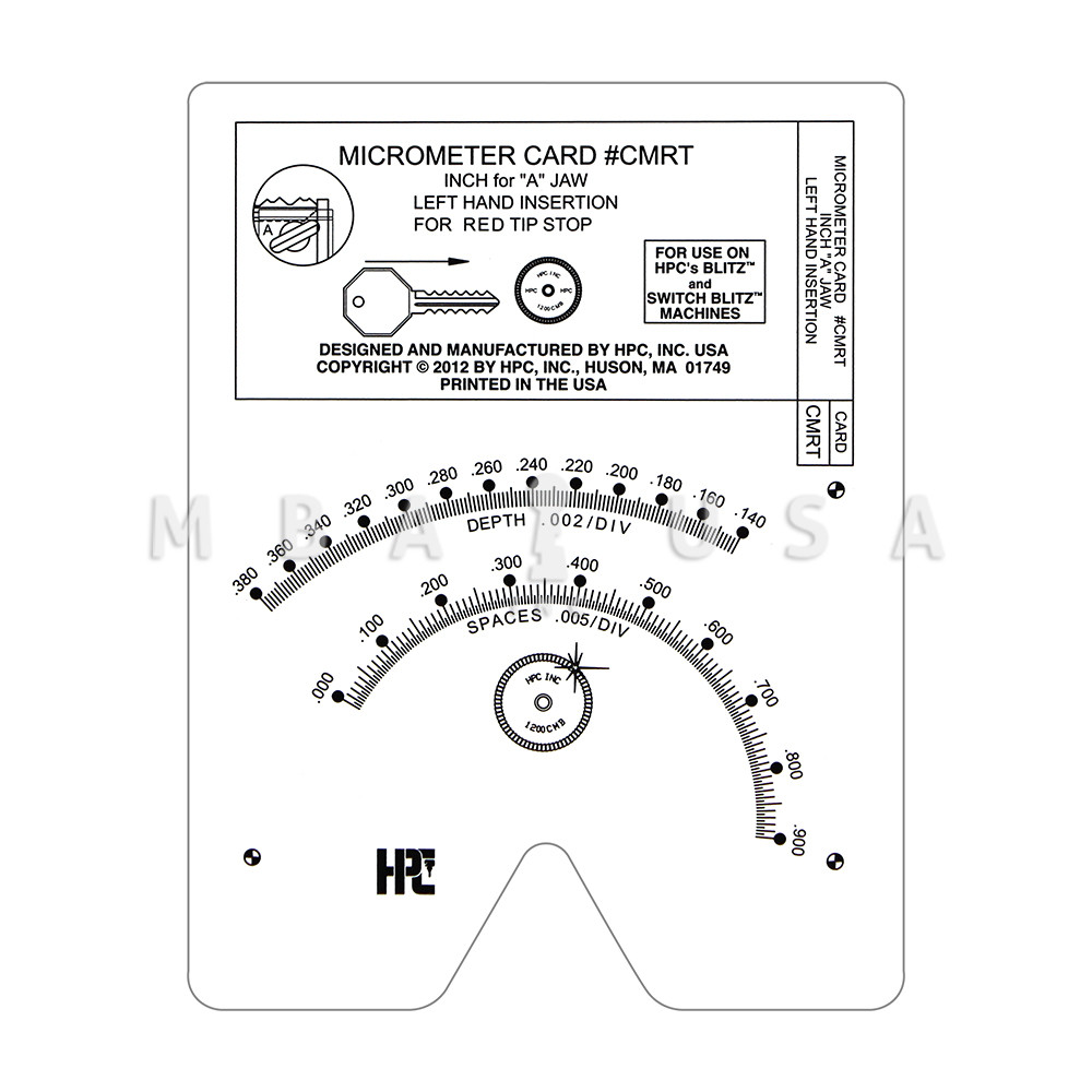 HPC Micrometer Card for Blitz Machine, "A" Jaw, Inch - MBA USA, Inc.
