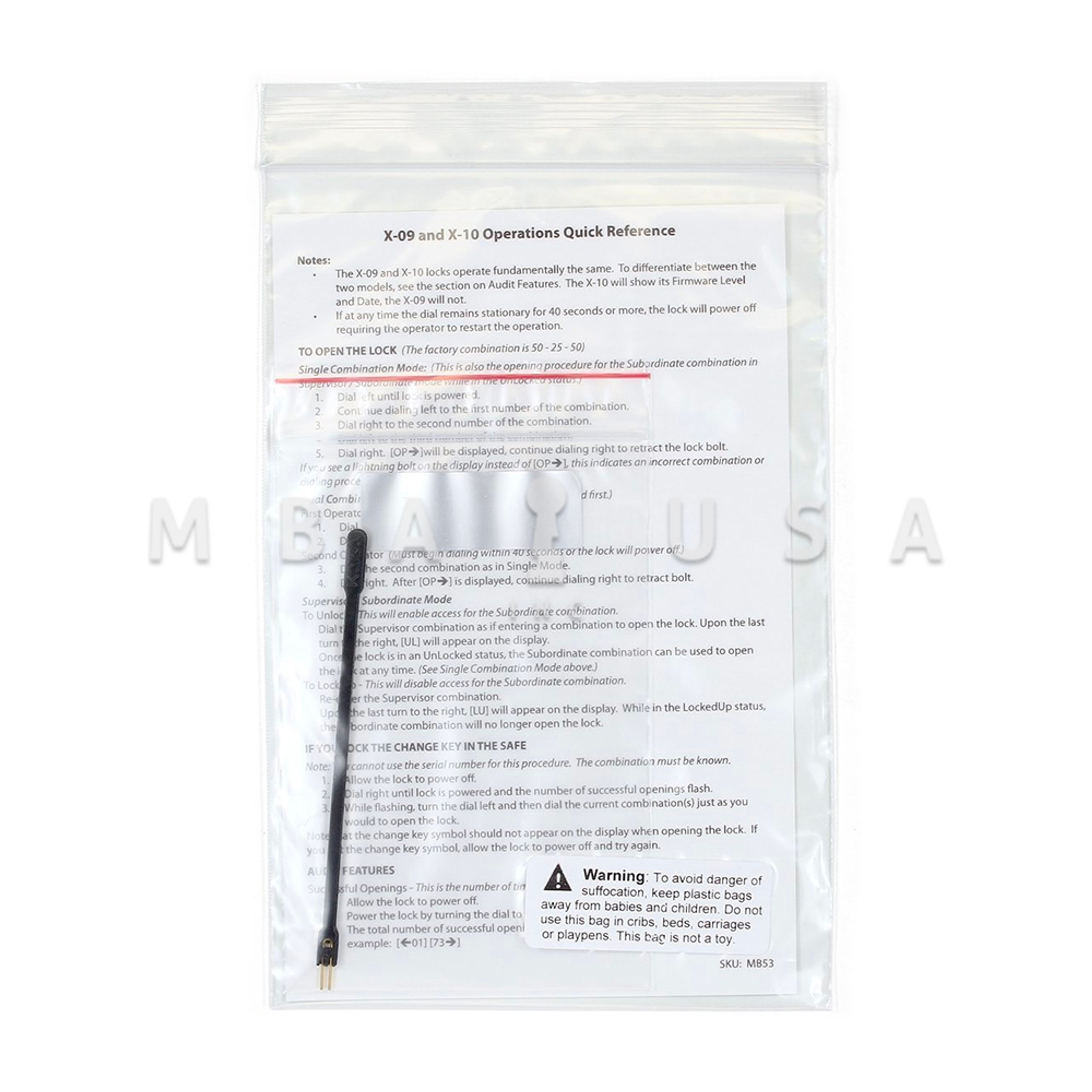 X09 / X10 SAFE LOCK CHANGE KEY AND QUICK REFERENCE MBA USA, Inc.
