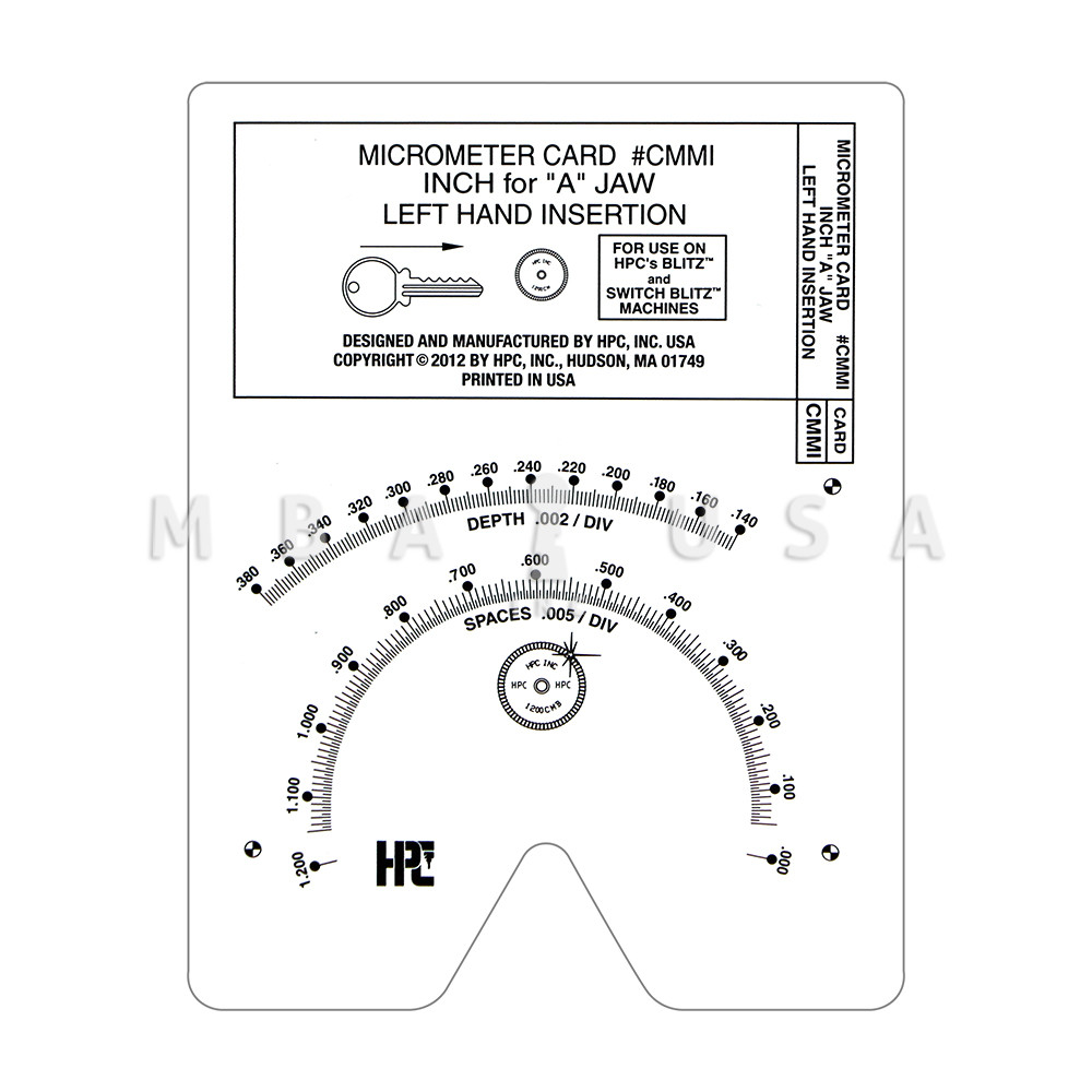 HPC Micrometer Card for Blitz Machine, "A" Jaw, Inch - MBA USA, Inc.