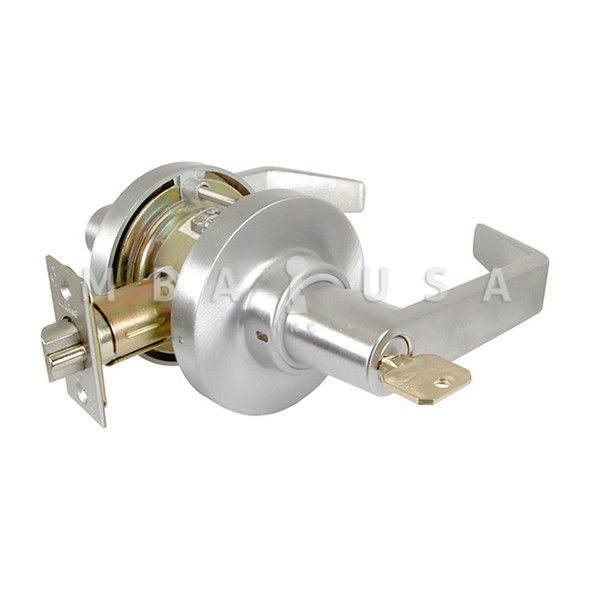 Marks USA Grade 2 Cylindrical Lock, Entrance/Office Function, Key in Lever Cylinder, 6-Pin, American Lever, 3-1/4" Rose Diameter, ASA Strike, 2-3/4" Backset, Satin Chrome Finish, Non-Handed (175AB/26D)