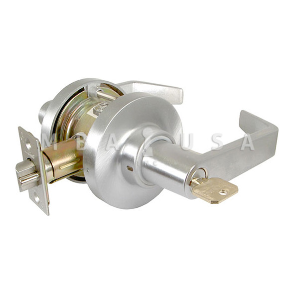 Marks USA Grade 2 Cylindrical Lock, Entrance/Office Function, Key in Lever Cylinder, 6-Pin, American Lever, 3-1/4" Rose Diameter, ASA Strike, 2-3/4" Backset, Satin Chrome Finish, Non-Handed (175RAB/26D)