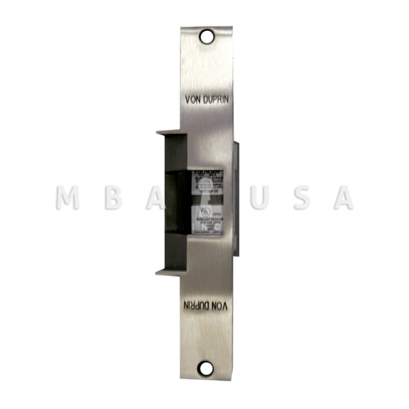 Von Duprin Grade 1 Electric Strike, Fail Secure (Electrically Unlocked) 24 VDC, 9" x 1-3/8" Faceplate, Fire Rated, For use w/ Cylindrical or Mortise Locks on Single Doors, Hollow Metal or Aluminum Frame, Satin Stainless Steel (6215 24V 32D)