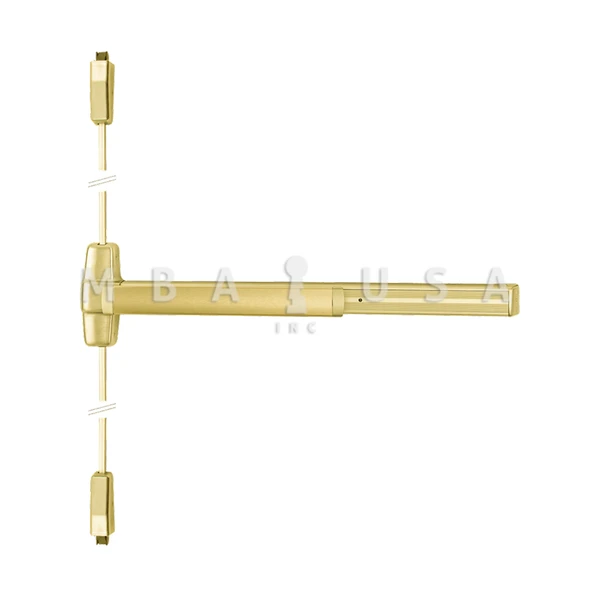 Von Duprin Grade 1 Surface Vertical Rod Exit Bar, Wide Stile Pushpad, 36" Panic Device, 84" Door Height, Exit Only, Less trim, Hex Key Dogging, Satin Brass, Field Reversible (9927EO 3 US4)