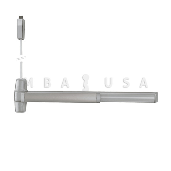 Von Duprin Grade 1 Surface Vertical Rod Exit Bar, Wide Stile Pushpad, 36" Fire-rated Device, 84" Door Height, Exit Only, Less trim, Less Bottom Rod, Less Dogging, Satin Aluminum Clear Anodized, Field Reversible (9927EO-F 3 US28 LBR)