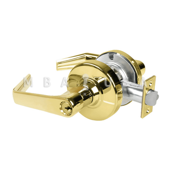 Schlage Grade 2 Office Cylindrical Lock w/ Field Selectable Vandlgard, Saturn Lever, Conventional Cylinder, Bright Brass, Non-Handed (ALX50P SAT 605)