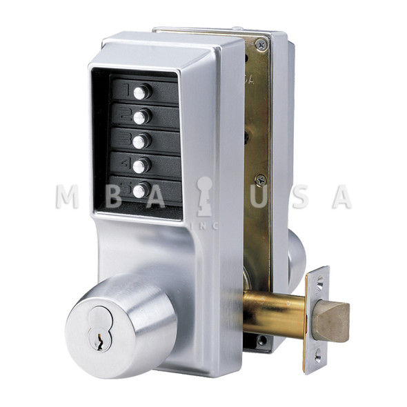DormaKaba Cylindrical Knob Lock, Combination or Key Override Entry, Combination or Key Override Exit, 2-3/4" Backset, 1/2" Throw Latch, Sargent LFIC Prep, Less Core, Satin Chrome (EE1021R/EE1021R-26D-41)