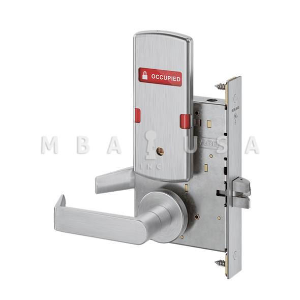 Schlage Grade 1 Bed Bathroom Privacy Mortise Lock, 06 Lever, A Rose, Indicator displays w/ Text, Exterior Indicator displays "VACANT/OCCUPIED", Satin Chrome, Field Reversible (L9040 06A 626 OS-OCC)