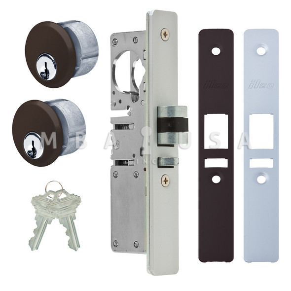 LATCH BOLT LOCK 1-1/8" BACKSET (LEFT HAND), 2 MORTISE KEY CYLINDERS - 1" SCHLAGE C (DARK BRONZE) AND 2 FACEPLATES