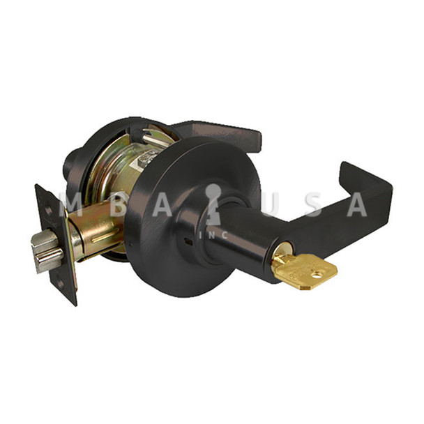 Marks USA Grade 2 Cylindrical Lock, Entrance/Office Function, Key in Lever Cylinder, 6-Pin, American Lever, 3-1/4" Rose Diameter, ASA Strike, 2-3/4" Backset, Dark Oxidized Satin Bronze Oil Rubbed Finish, Non-Handed (175AB/10B)