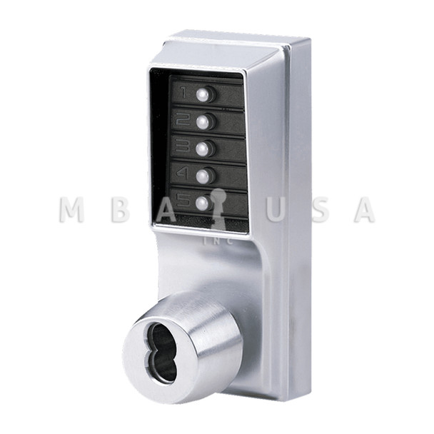 DormaKaba Grade 1 Pushbutton Cylindrical Knob Lock, Combination Entry/Passage Functions w/ Key Override, 2-3/4" Backset, 1/2" Throw Latch, 6/7-Pin SFIC Prep, Less Core, Satin Chrome, Field Reversible (1041B-26D-41)