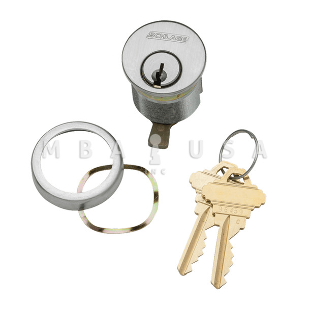 Schlage 1-1/4 In. Mortise Cylinder, 6-pin, C123 Keyway, Keyed Different, Straight Cam, Compression Ring & Spring, 2 Keys, Satin Chrome, Non-Handed (20-001 C123 114 626)