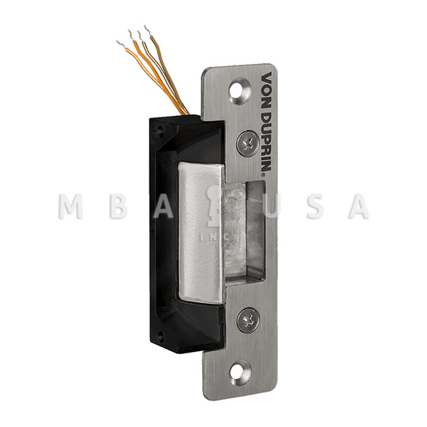 Von Duprin Electric Strike, Field Selectable (Fail Safe/Secure), 12/24VDC, 4-7/8" x 1-1/4" Faceplate, For use w/ Cylindrical Locks on Single Doors, Hollow Metal or Aluminum Frame, Satin Stainless Steel (4212 32D)