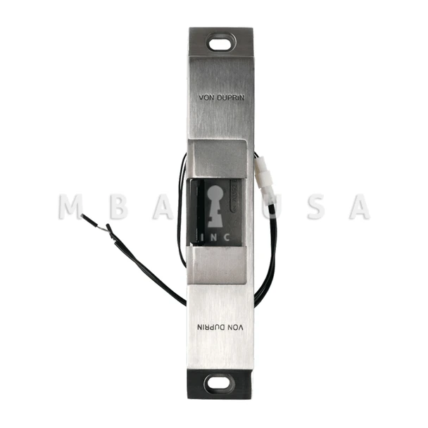 Von Duprin Grade 1 Electric Strike, Fail Secure (Electrically Unlocked) 12 VDC, 9" x 1-5/8" Faceplate, Fire Rated, For use w/ Rim Exit Devices on Single Doors, Hollow Metal, Aluminum, or Wood Frame, Satin Stainless Steel (6112 12V 32D)