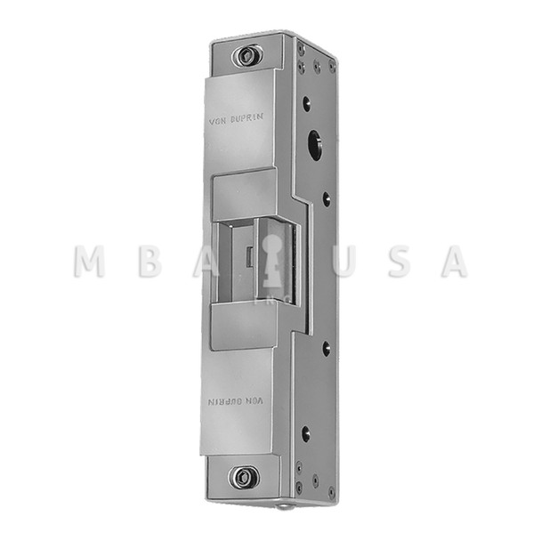 Von Duprin Grade 1 Electric Strike, Fail Secure (Electrically Unlocked) 24 VDC, For use w/ Rim Exit Devices on Double Doors (Closed Back), Hollow Metal, Aluminum, or Wood Frame, Satin Stainless Steel (6121 24V 32D)
