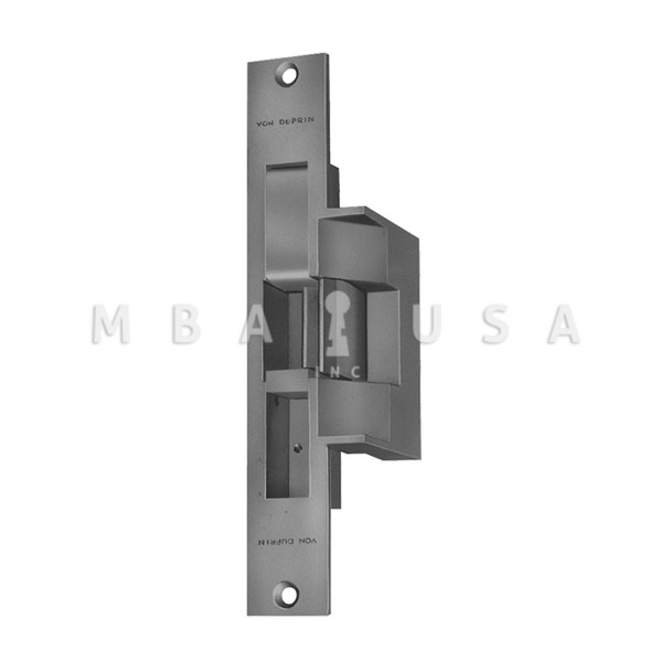 Von Duprin Grade 1 Electric Strike, Fail Secure (Electrically Unlocked) 24 VDC, 9" x 1-3/8" Faceplate, Fire Rated, For use w/ Mortise/Deadbolt Locks on Single Doors, Hollow Metal, Aluminum, or Wood Frame, Satin Stainless Steel (6216 24V 32D)