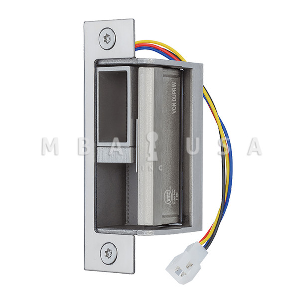 Von Duprin Grade 1 Electric Strike, Fail Secure (Electrically Unlocked) 12/24 VDC, 4-7/8" x 1-1/4" Faceplate, Fire Rated, For use w/ Cylindrical or Mortise Locks on Single Doors, Hollow Metal, Aluminum, or Wood Frame, Satin Stainless Steel (6400 32D)