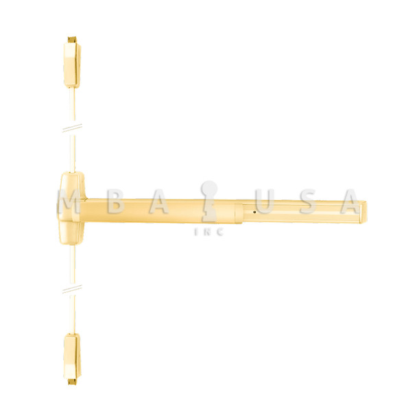 Von Duprin Grade 1 Surface Vertical Rod Exit Bar, Wide Stile Pushpad, 36" Panic Device, 84" Door Height, Exit Only, Less trim, Hex Key Dogging, Bright Brass, Field Reversible (9927EO 3 US3)