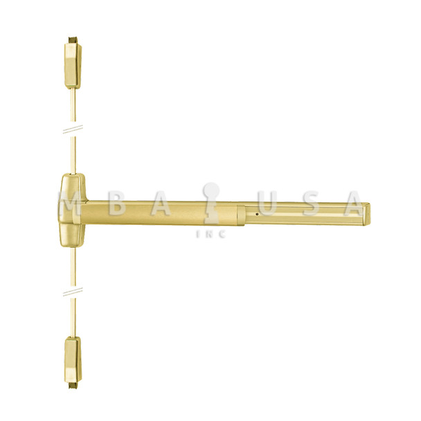 Von Duprin Grade 1 Surface Vertical Rod Exit Bar, Wide Stile Pushpad, 36" Panic Device, 84" Door Height, Exit Only, Less trim, Hex Key Dogging, Satin Brass, Field Reversible (9927EO 3 US4)