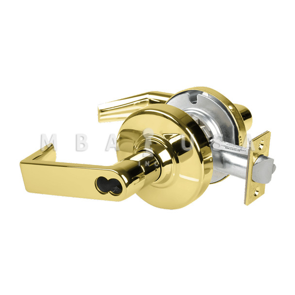 Schlage Grade 2 Storeroom Cylindrical Lock w/ Field Selectable Vandlgard, Rhodes Lever, SFIC Less Core, Bright Brass, Non-Handed (ALX80B RHO 605)