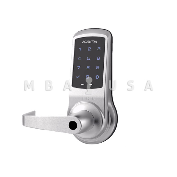 ACCENTRA Grade 1 nexTouch Generation 3 Cylindrical Lock w/ Capacitive Touchscreen Keypad, No Deadbolt w/ Cylinder Override, Less Conventional Cylinder, Augusta Lever, Satin Chrome, Non-Handed (AU-NTB623-NR 626 LC)