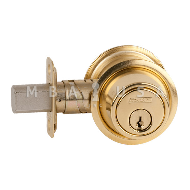 Schlage Grade 2 Single Cylinder Deadbolt, dead bolt, deadbolt, Keyed Outside/Thumbturn Inside, 6-Pin Cylinder, 12-288 Latch, 10-094 Strike, 1-3/8" - 1-7/8" Door Thickness, Bright Brass (B560P 605 C KA4)