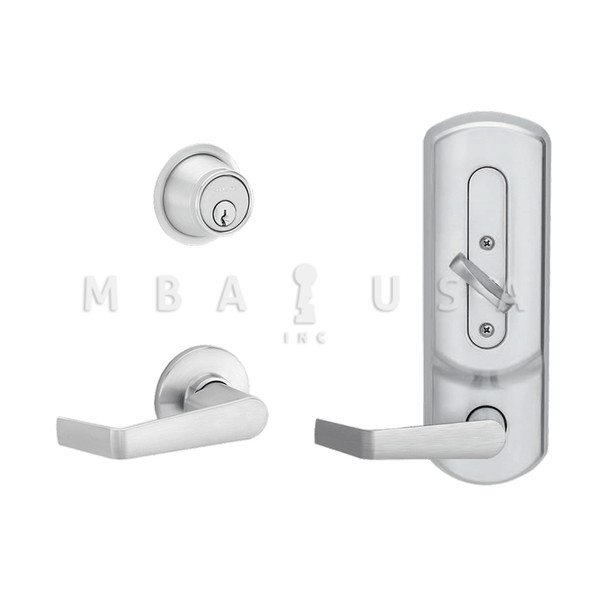 Schlage Grade 2 Entrance Single Locking Interconnected Lock, Saturn Lever, Saturn Rose/Plymouth Escutcheon, Not Handed, Deadbolt Cylinder, Square/Full Lip SQ Strike, Satin Chrome (CS210-B500PD SAT 626 PLY)